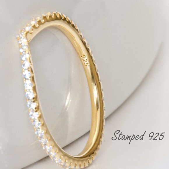 Gold Simulated Diamond Chevron Stacking Band Ring, CZ Dainty Stacking Band Rings - Picture 3 of 7